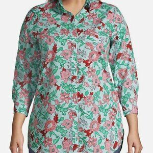 LANDS END Supima NO IRON Cotton Floral Button Shirt Aqua Pink 3/4 Sleeve 14 NWOT